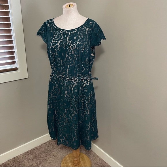 ELIZA J Cap Sleeve Lace Fit & Flare Dress Green with Belt - Picture 5 of 9